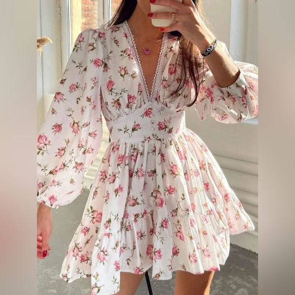 Full Size Floral V-Neck Long Sleeve Mini Dress Plus Size - Picture 1 of 7